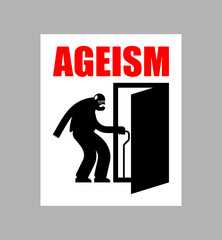 Ageism icon. Dismissal of pensioner. old man goes out door. Age discrimination sign