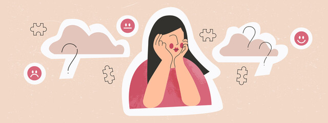 Sad woman or aloof girl teenager alone with question flat vector illustration sticker. Doubt female character thinking and making choices. Lonely depressed teen introvert. Melancholy and inner problem