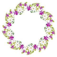 Floral frame and wreath with wildflowers and greenery.