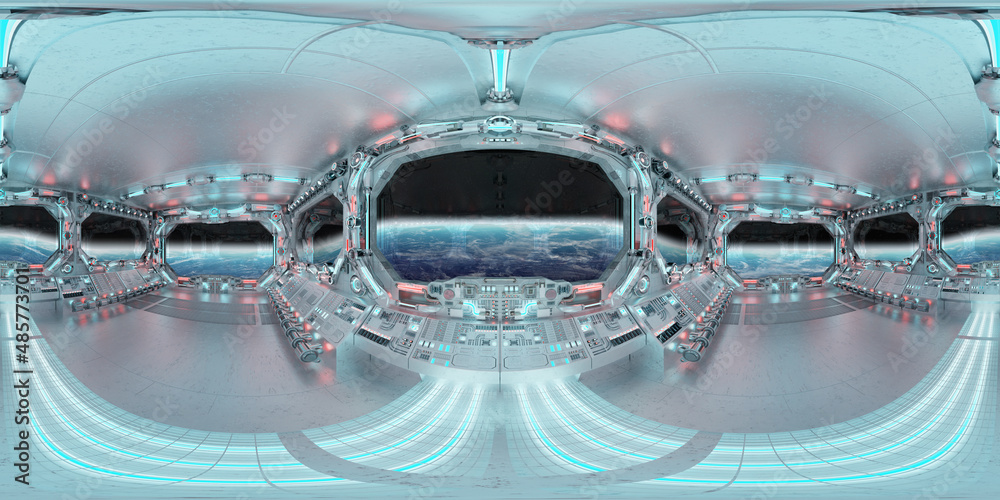 Aufkleber HDRI panoramic view of white blue spaceship interior with windows. High resolution 360 degrees panorama reflection mapping of a futuristic spacecraft 3D rendering