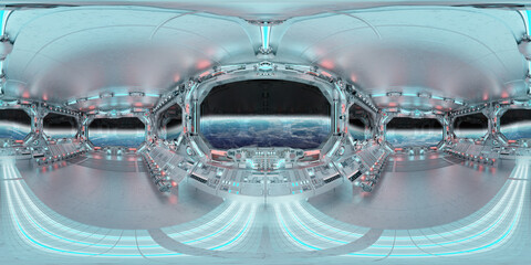 HDRI panoramic view of white blue spaceship interior with windows. High resolution 360 degrees panorama reflection mapping of a futuristic spacecraft 3D rendering - obrazy, fototapety, plakaty