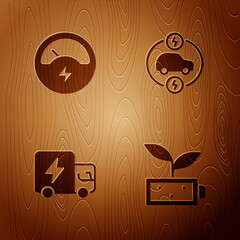 Set Eco nature leaf battery, Voltmeter, Electric truck and car on wooden background. Vector