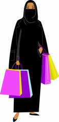Illustration Arab Woman in Hijab with Shopping Bags. Modern fashion woman in hijab Illustration Arab Woman in Hijab with Bags.