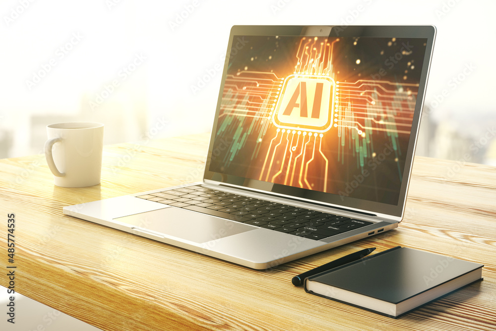 Poster Creative artificial Intelligence symbol concept on modern laptop screen. 3D Rendering