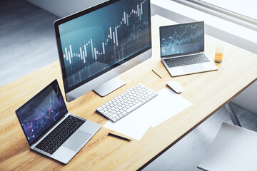 Modern computer monitor with abstract creative financial chart, research and strategy concept. 3D Rendering
