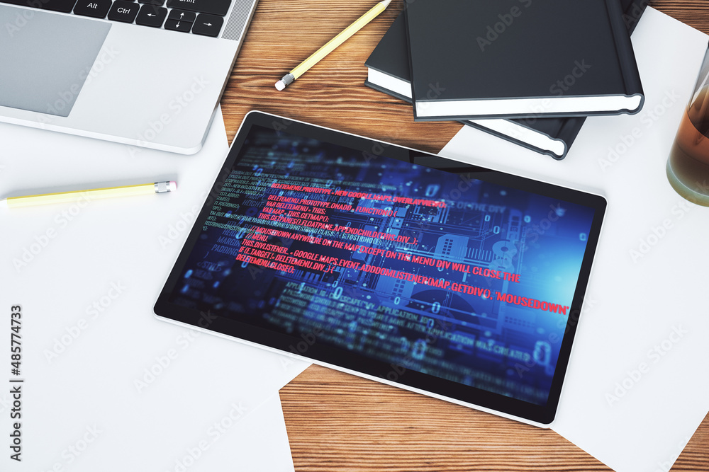 Poster modern digital tablet monitor with abstract programming language, research and development concept. 