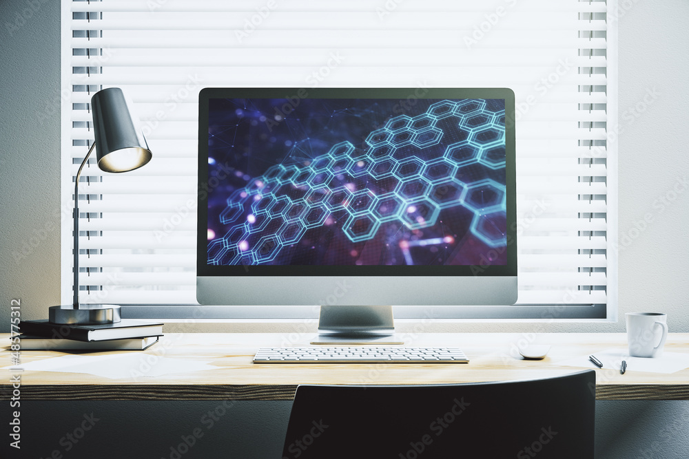 Poster creative abstract wireless technology hologram with hexagon on modern computer monitor, artificial i