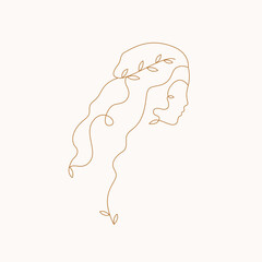 Woman outline silhouette. Female monoline portrait. Greek goddess. Line art, emblem, vector illustration. 