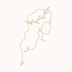 Woman outline silhouette. Female head with hair and wreath on it. Greek goddess. Line art, emblem, vector illustration. 