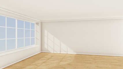 Realistic 3d render of an empty room with wooden floor, window and white walls. 