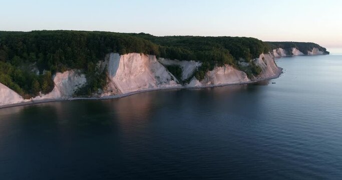 Drone shot of chalk cliffs on Ruegen Island, Germany