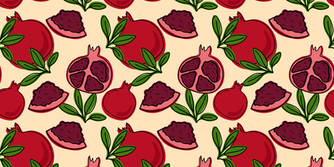 Pomegranate whole and slices, beautiful vector seamless pattern. Fruit, suitable for wallpapers, web page food backgrounds, surface textures, textiles. Doodle or hand drawn cartoon style.