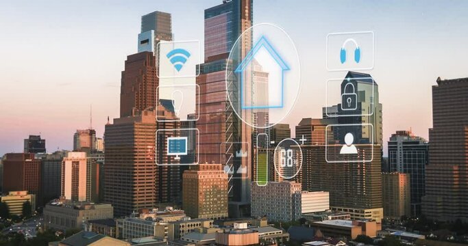 Smart home office technology theme in urban city setting. Remote control gadgets with phone. Motion graphic illustration concept of technological advancement in USA.
