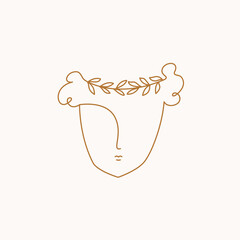 Abstract greek face with laurel wreath. Line art, modern human abstract portrait. Vector illustration. 