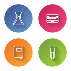 Set line Test tube and flask, Equation solution, Book and . Color circle button. Vector