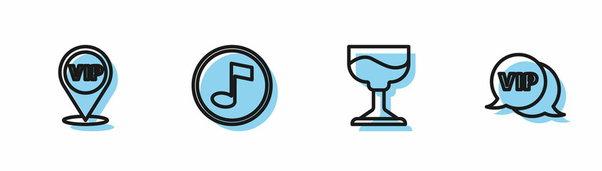 Set line Cocktail, Location Vip, Music note, tone and in speech bubble icon. Vector