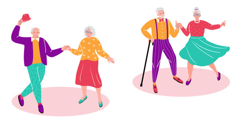 Happy pensioners dance with their friends and have fun in a good mood. senior dancers. Vector flat portrait of old cute loving couples. Character illustration in cartoon style. Healthy lifestyle