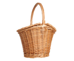 Closed wicker basket - isolated photo on a white background. Wooden basket made with natural materials. Rustic style of light wicker basket. Handmade rustic basket container for shopping.