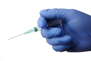 Hand with ready syringe to shot - isolated photo on a white background. Blue gloved hand holds vaccination syringe. Hand and syringe are isolated a white background. Doctor palm with vaccine.
