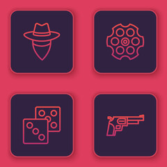 Set line Cowboy, Game dice, Revolver cylinder and gun. Blue square button. Vector