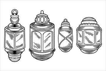 Hand drawn sketch of lanterns as islamic ornaments element in black white monochrome style.