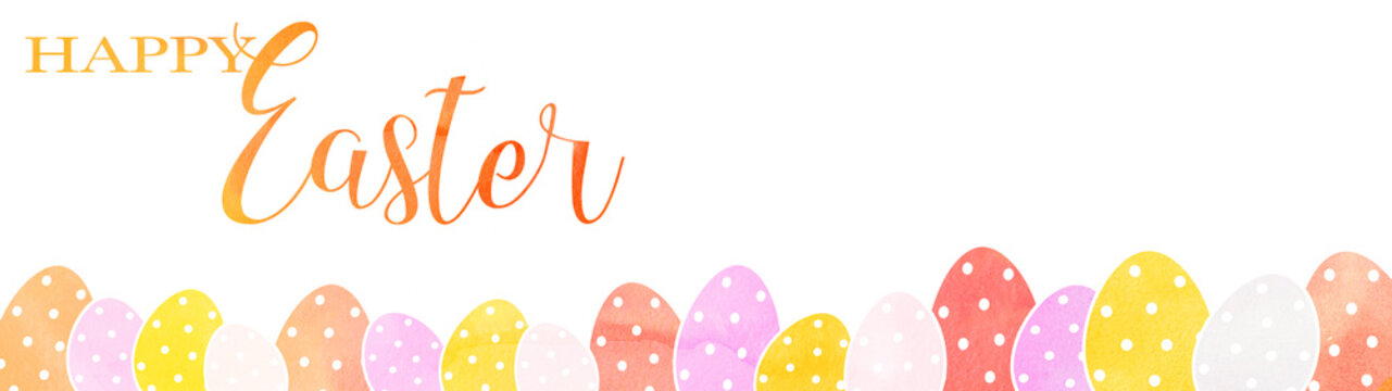 Happy Easter background web banner wide panoramic greeting card template - Easter eggs watercolor aquarelle set and lettering, isolated on white texture