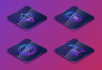 Set Isometric line Lotus flower, No Smoking, Weight and Stationary bicycle. Blue square button. Vector