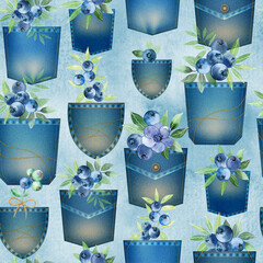 Jeans pockets with watercolor Blueberries seamless pattern,
Denim and wildberries background. Perfect for greeting cards, wedding invitations, parties, textile - 485778398