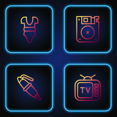 Set line Retro tv, Fountain pen nib, Swimsuit and Floppy disk. Gradient color icons. Vector
