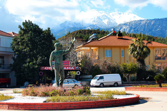 Camyuva, Turkey - February 4, 2022: Street view of Camyuva, a small town in the district of Kemer, Antalya Province, famous for numerous orange groves.