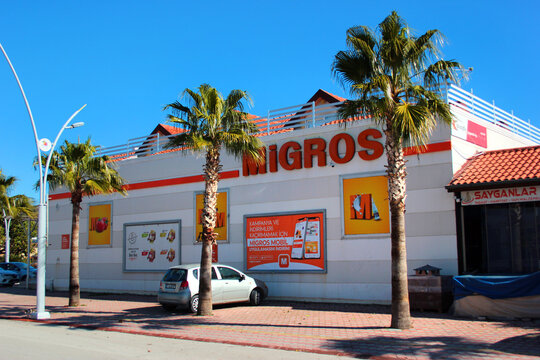 Camyuva, Turkey - February 4, 2022: A chain supermarket of Migros, one of the biggest retail companies in Turkey offering food items and consumer goods.