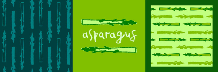 Vector asparagus pattern seamless. Pencil drawing texture. Green sparrow grass illustrations. Vegan restaurant banner, vegetarian ornament. Homemade vegetables. Label design for Asparagus officinalis.