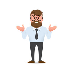 Character is a disgruntled man with glasses and a beard shrugs and spreads his hands in confusion. I can t help, or I can t do anything. Office worker in a tie. Illustration in flat style. Vector