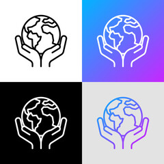 Save planet. Hands holding planet Earth. Environmental economics, social responsibility for nature. Thin line icon. Vector illustration.