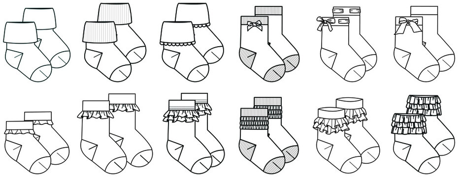 set of kids socks. frill, ruffle and bow detailed cotton socks baby footwear collection flat sketch vector illustration template. CAD mockup.