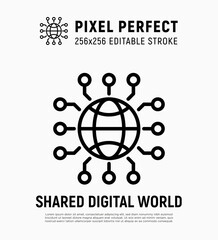 Shared diigital world, metaverse development thin line icon. Pixel perfect, editable stroke. Vector illustration.