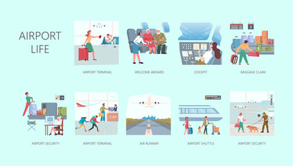 Big set of airport life applications.  illustration.