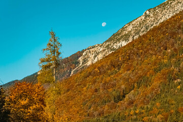 Beautiful alpine autumn or indian summer view with the moon near Bad Reichenhall, Bavaria, Germany