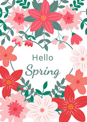 Hello spring greeting card with floral ornament in red and green colors on white background