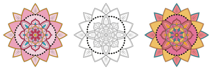 Mandala pattern in black and white and color styles. Decorative ornament in ethnic style