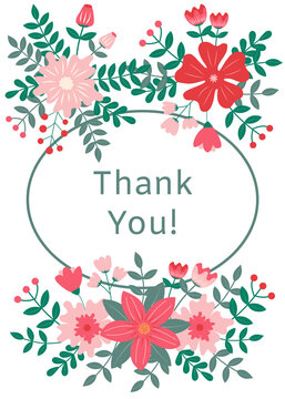 Thank you greeting card with floral ornament n red and green colors on white background