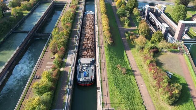 Aerial view Dortmund-Ems Canal, Waltrop, ship lifting, Cargo ship, North Rhine-Westphalia, Germany