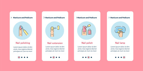  Cosmetology onboarding mobile app. Polishing, extemsion, polish, lamp. Manicure and pedicure steps menu. Set of UI, UX, web template with RGB color linear icons
