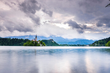 Lake Bled Island, Lake Bled Castle and the Church of the Assumption of St Mary, Julian Alps,...