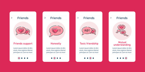 Friends onboarding mobile app screens. Friends support, honestly, toxic friendships, mutual understanding. Relationships steps menu. Set of UI, UX, web template with RGB color linear icons