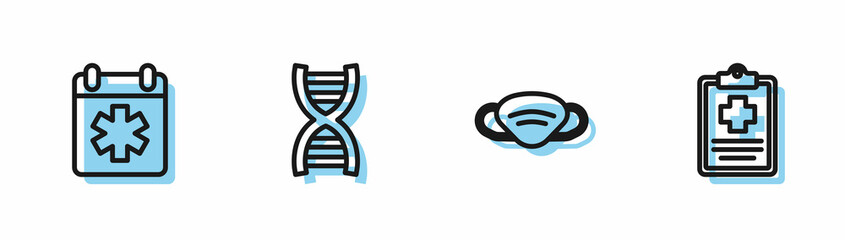 Set line Medical protective mask, Doctor appointment, DNA symbol and Patient record icon. Vector