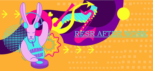 Bright illustration. Motivating poster of good rest and relaxation after work. Carefree and party in abstract and retro style. The personification of rabbits in human life