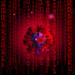 computer virus on a red binary code background 3D