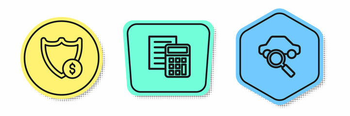 Set line Shield with dollar, Calculator and Car sharing. Colored shapes. Vector