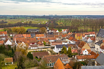 Fototapeta na wymiar Aerial view of Damme town as seen from the top of Onze-Lieve-Vrouwekerk (Church of Our Lady) tower, Belgium 
